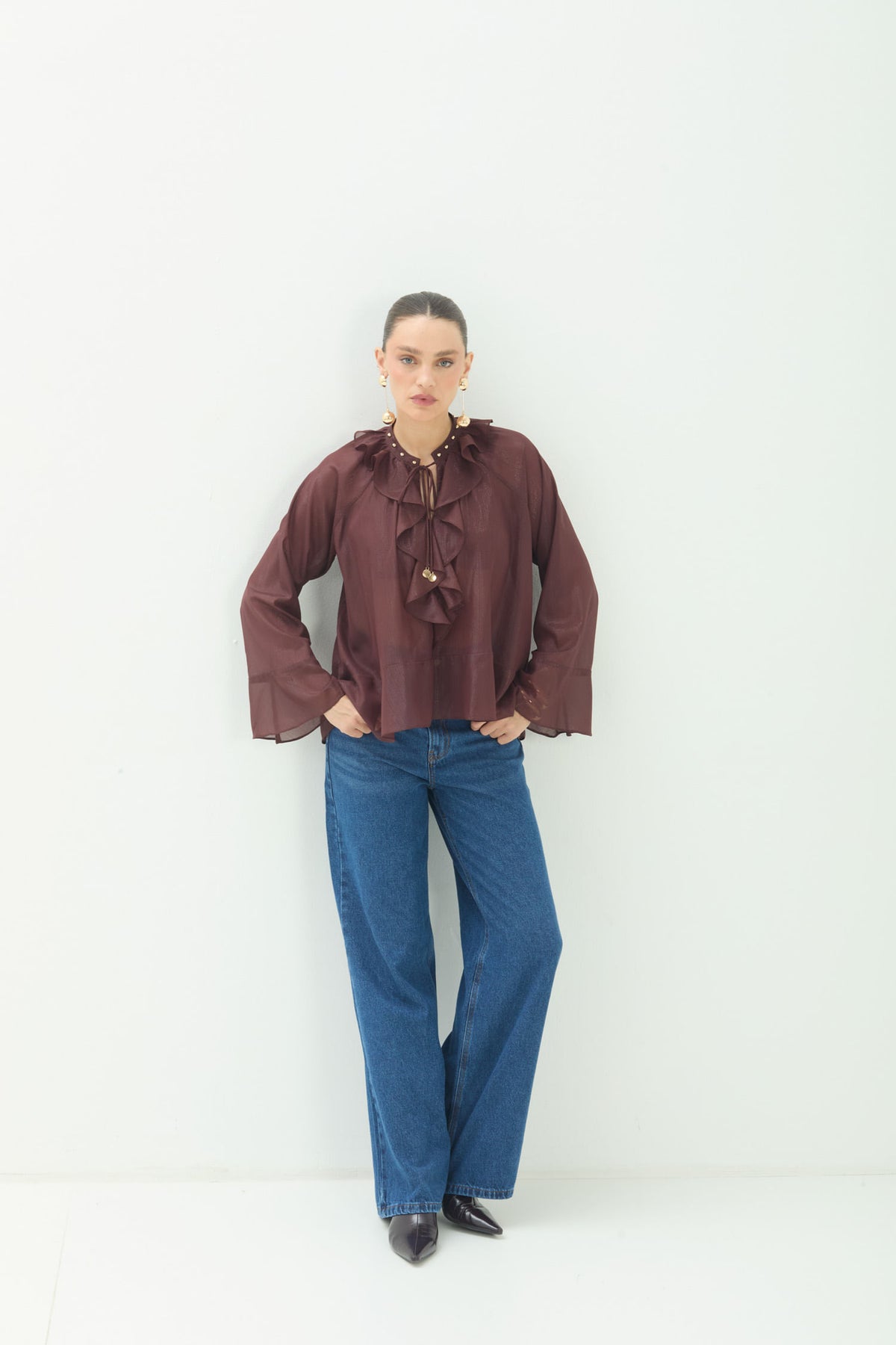 Blusa Babados Manga Longa Fluida ACT Feminina Choco