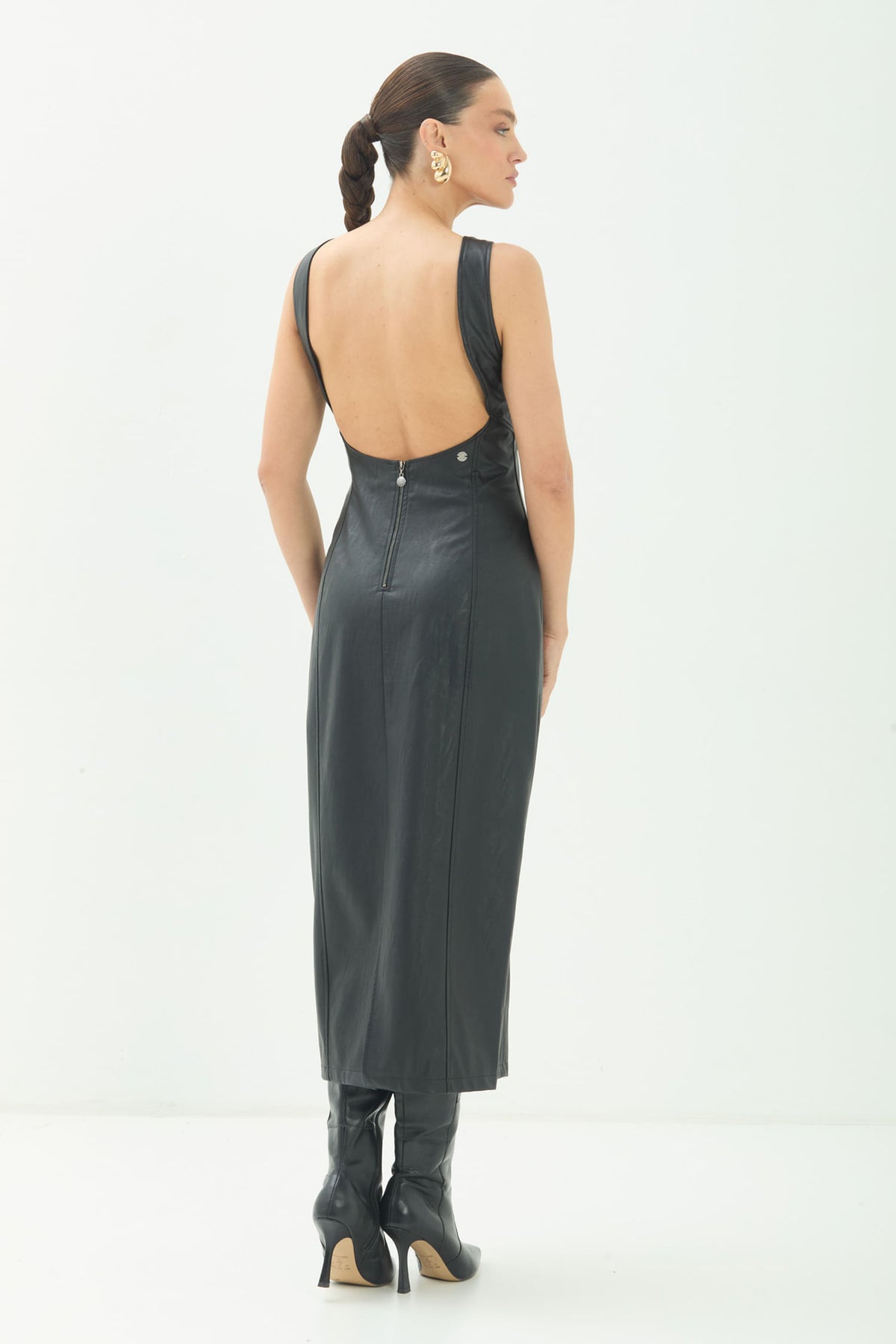 Vestido PU Midi Decote Costas ACT Feminino Preto