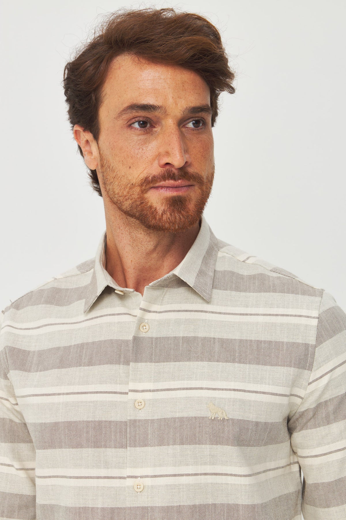 Camisa Manga Longa Listrada Masculina Acostamento Listrado Bege
