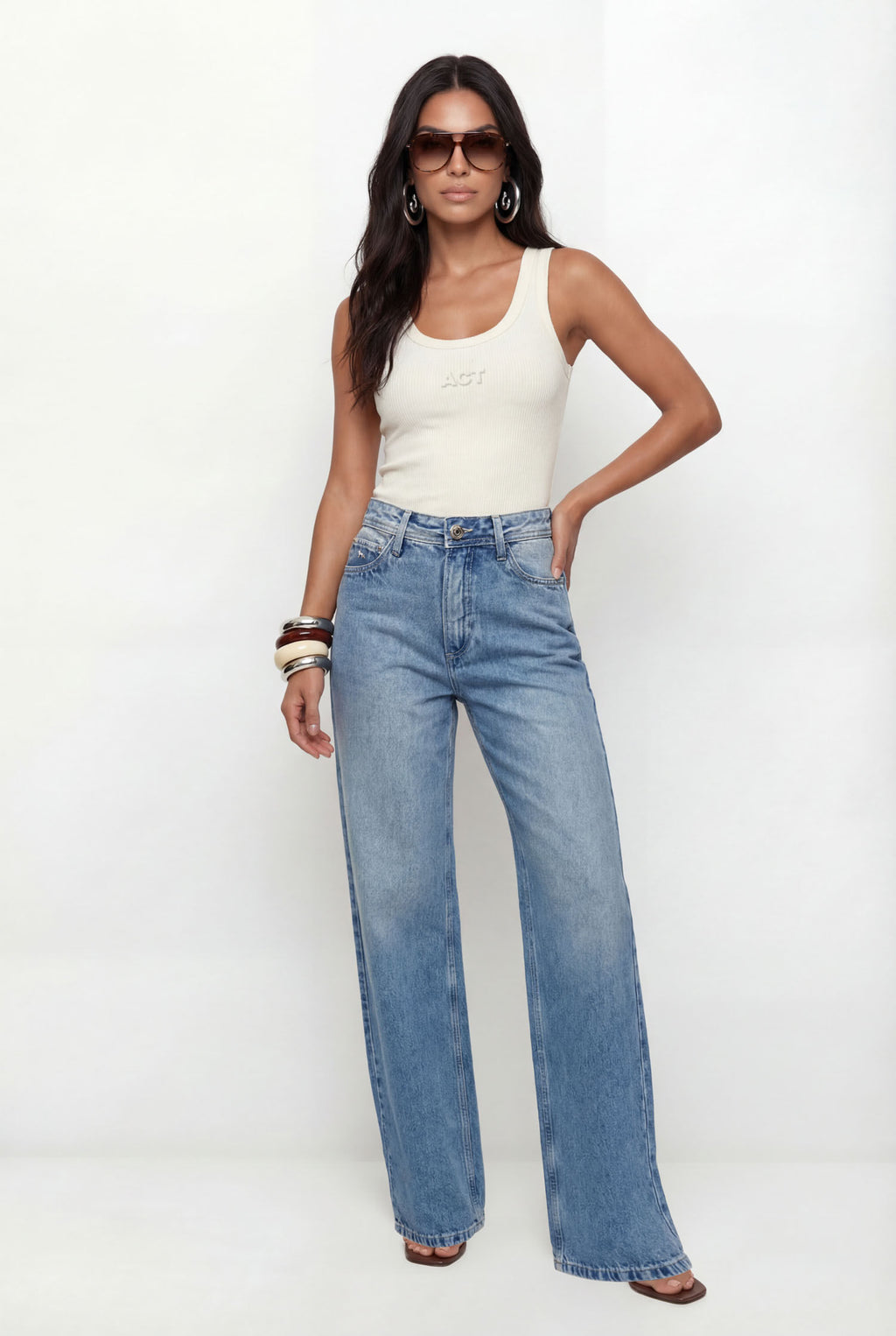 Calça Jeans Wide Leg Cintura Média ACT Feminina Jeans Claro