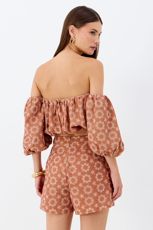 Blusa Cropped Ombro a Ombro Bordada ACT Feminino Sepia
