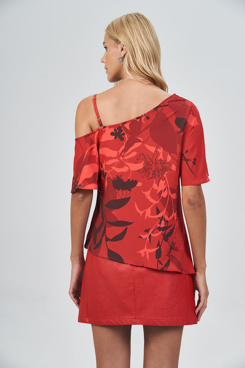 Blusa Assimétrica Ombro Único Feminina Acostamento Red Blossom