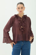 Blusa Babados Manga Longa Fluida ACT Feminina Choco