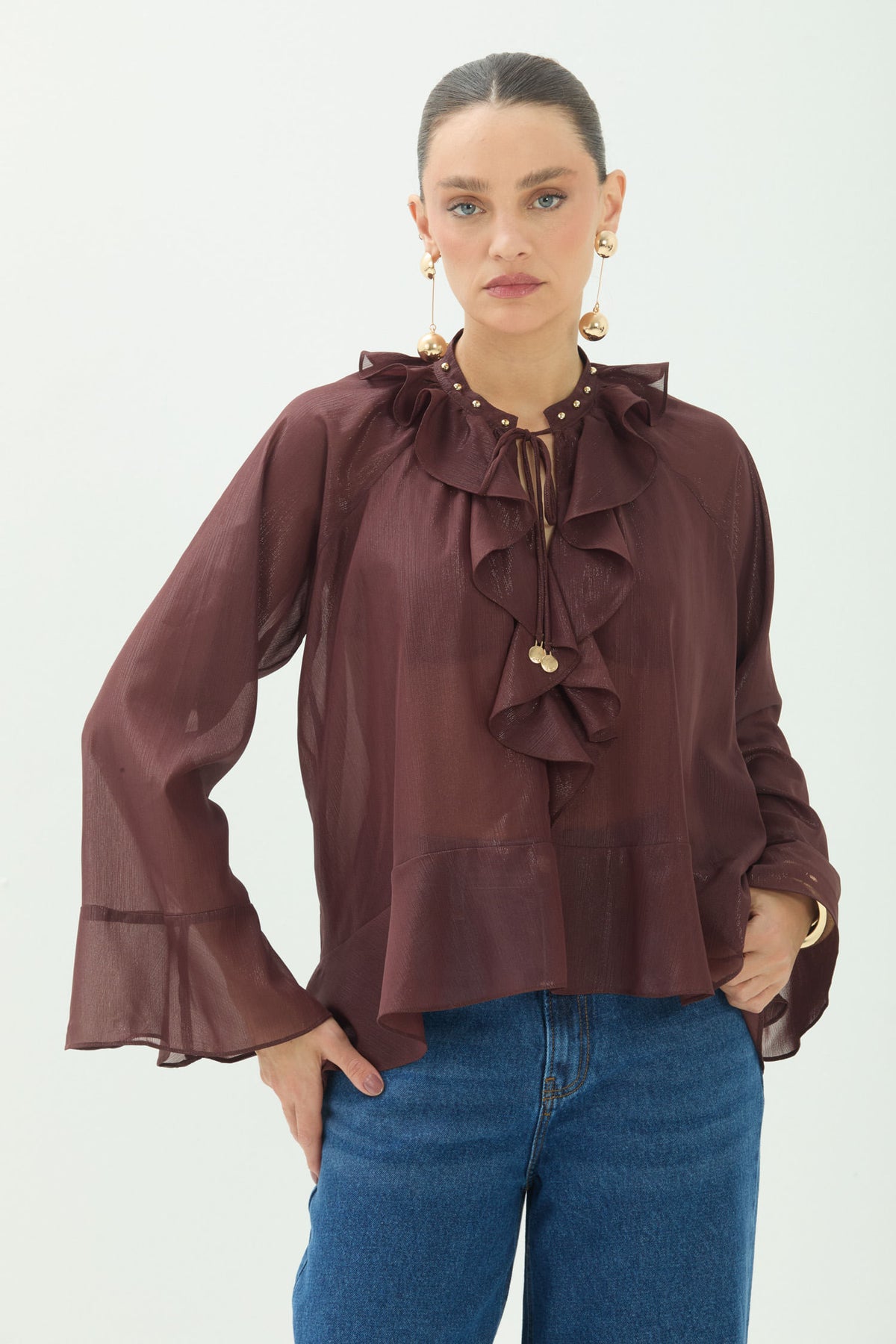Blusa Babados Manga Longa Fluida ACT Feminina Choco