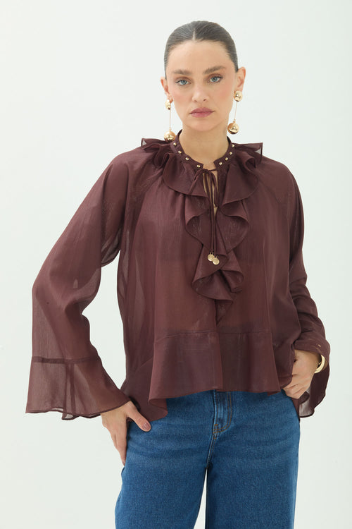 Blusa Babados Manga Longa Fluida ACT Feminina Choco
