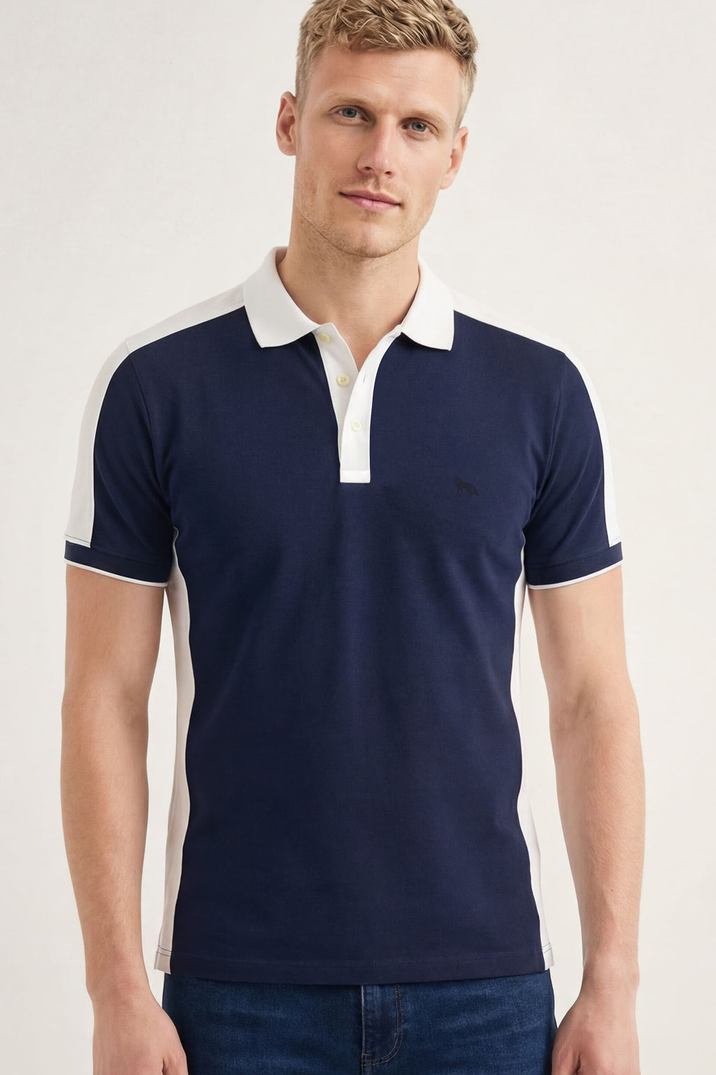 Polo Casual Gola Contrastante Masculina Acostamento Marinho C/ Recorte Branco