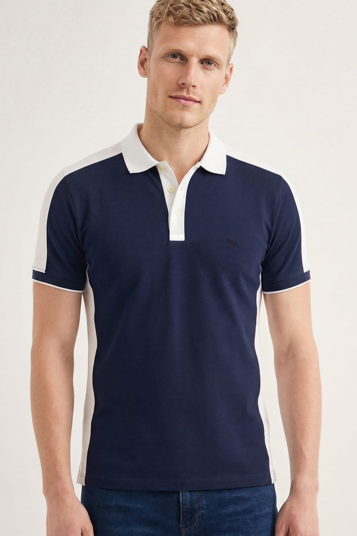Polo Casual Gola Contrastante Masculina Acostamento Marinho C/ Recorte Branco
