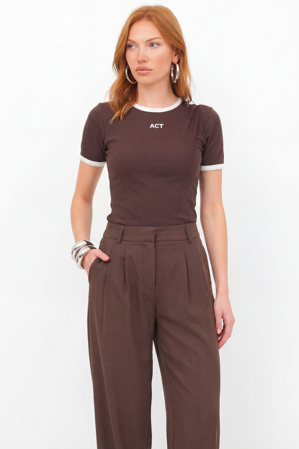 Blusa Canelada Manga Curta ACT Feminina Deep Brown
