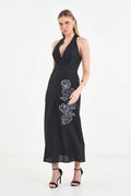 Vestido Longo Linho Bordado Rosas ACT Feminino Preto