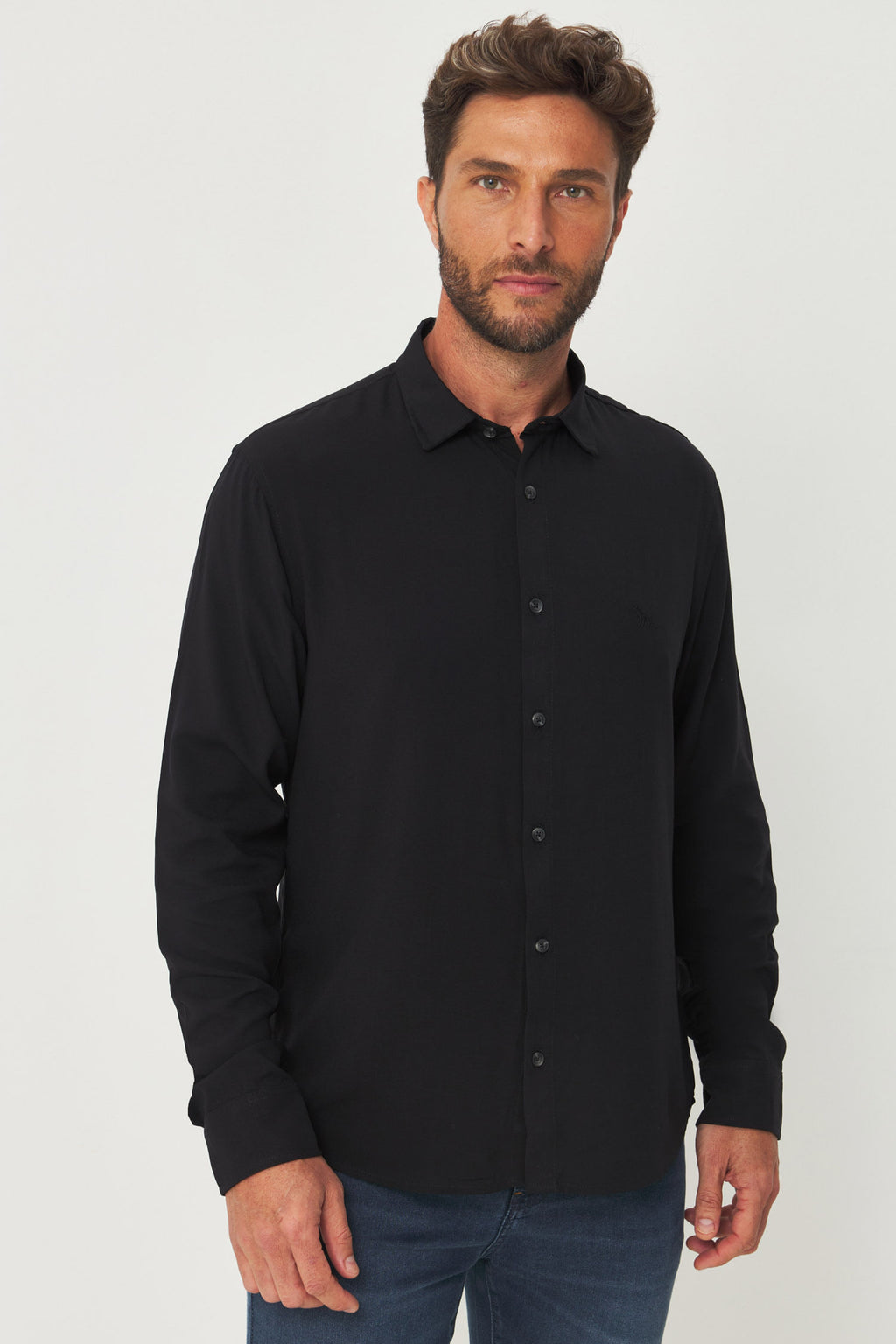 Camisa Lisa Manga Longa Masculina Acostamento Preto