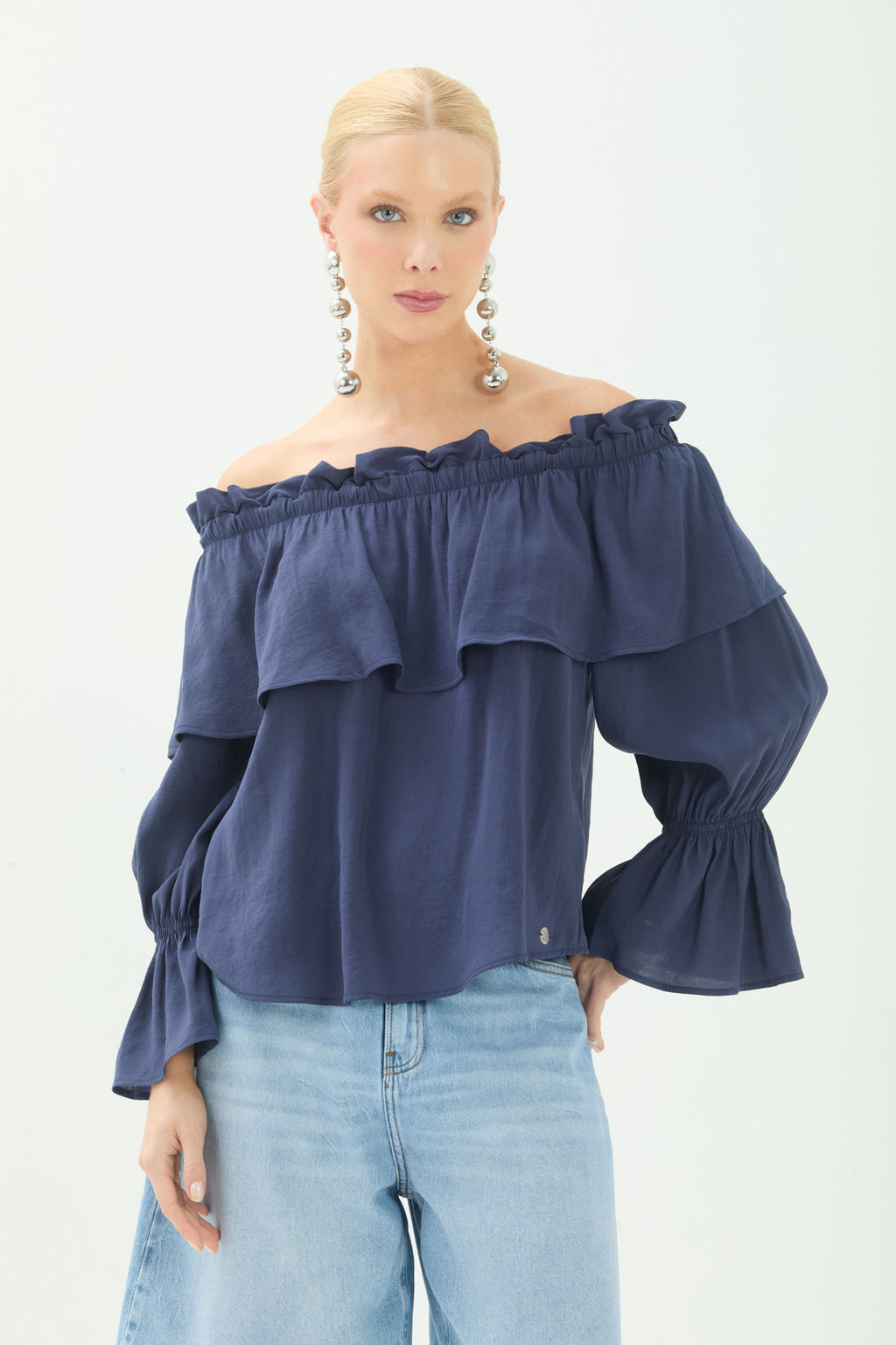 Blusa Ombro A Ombro Com Babados ACT Feminina Royal Blue