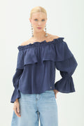 Blusa Ombro A Ombro Com Babados ACT Feminina Royal Blue