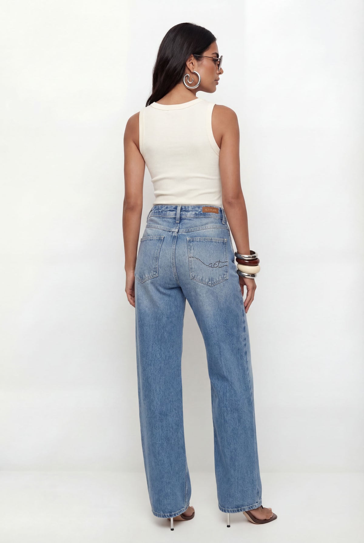 Calça Jeans Wide Leg Cintura Média ACT Feminina Jeans Claro