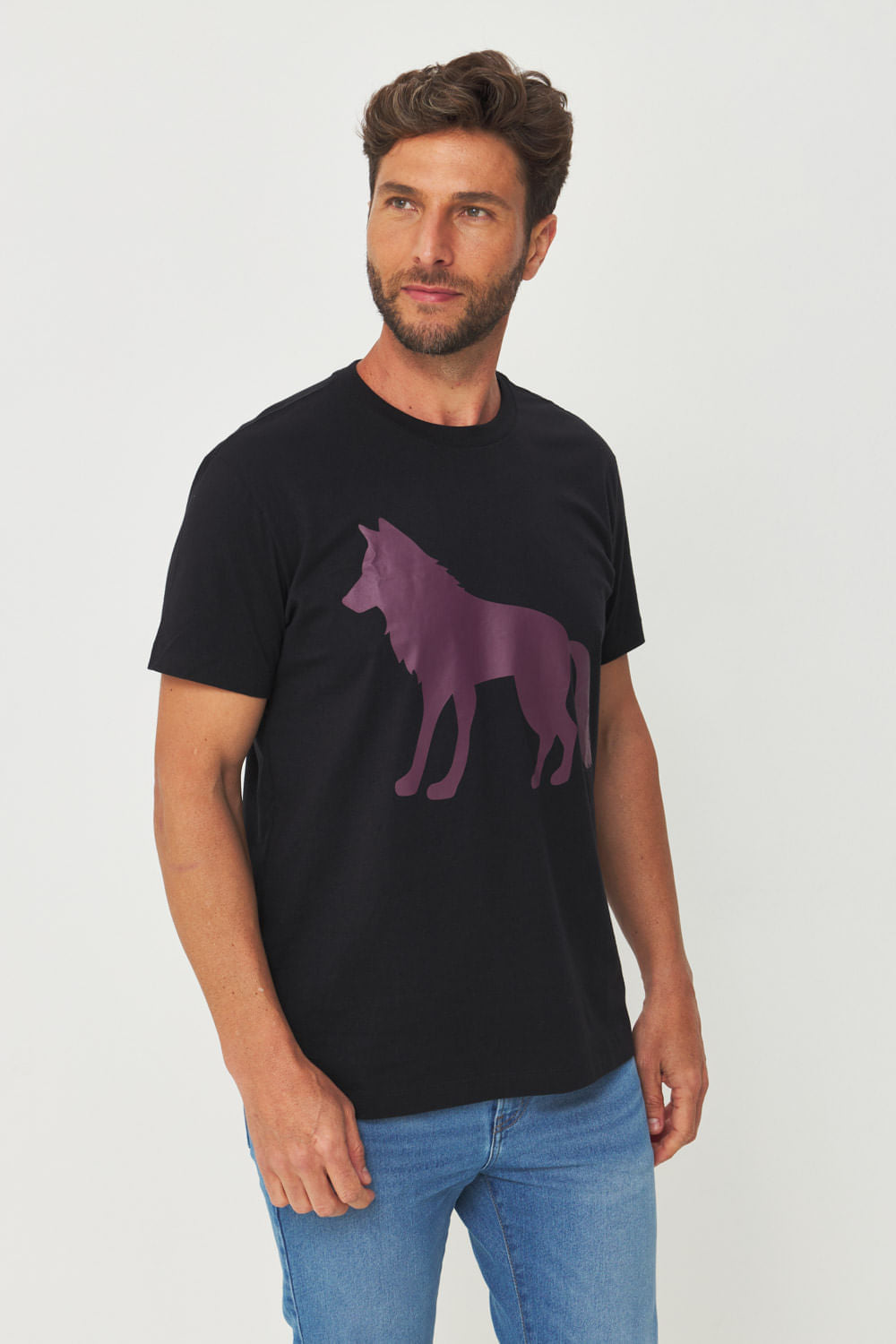 Camiseta Estampa Lobo Frontal Masculino Acostamento Preto C/ Estp Bordo