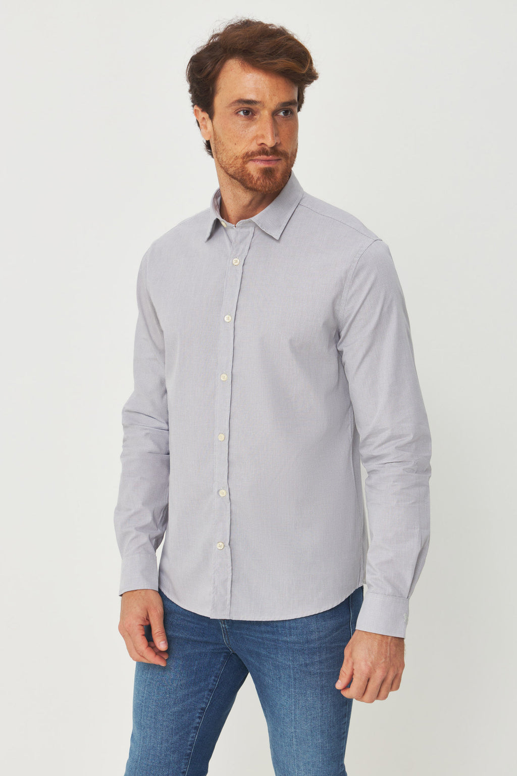 Camisa Manga Longa Scrivania Masculina Acostamento Micro Vichy Cinza