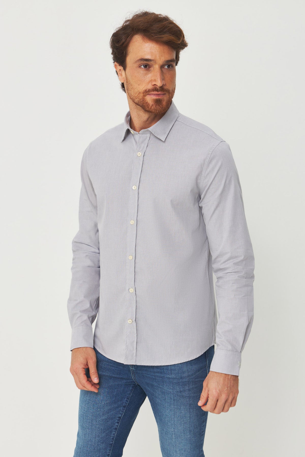 Camisa Manga Longa Scrivania Masculina Acostamento Micro Vichy Cinza