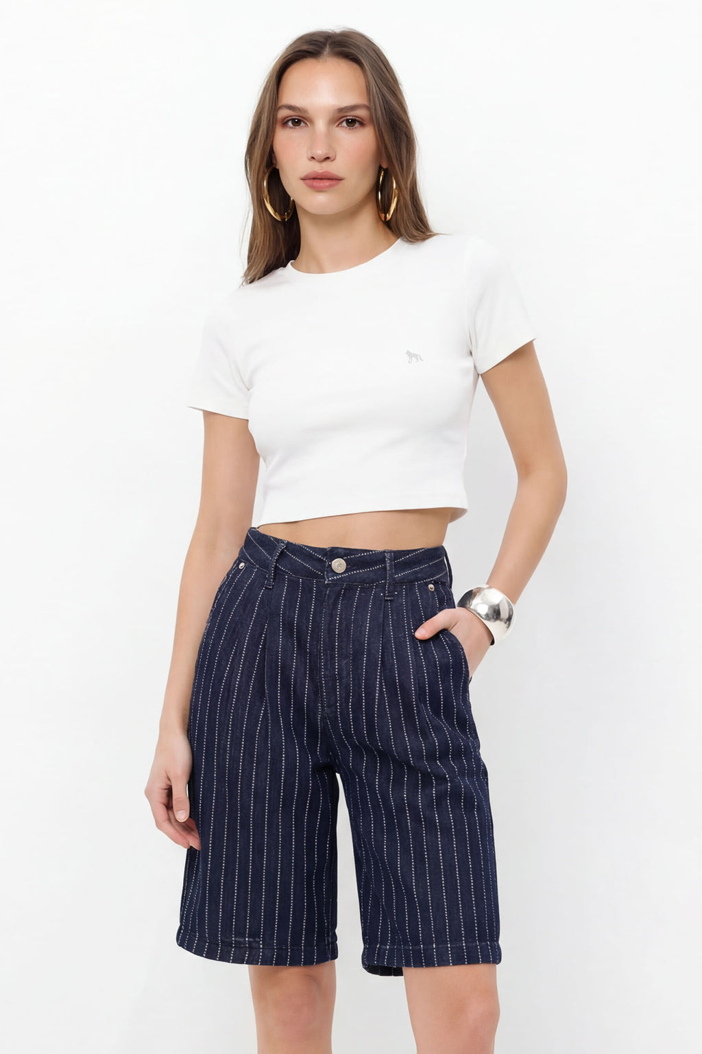 Bermuda Jeans Reta ACT Feminina Jeans Escuro