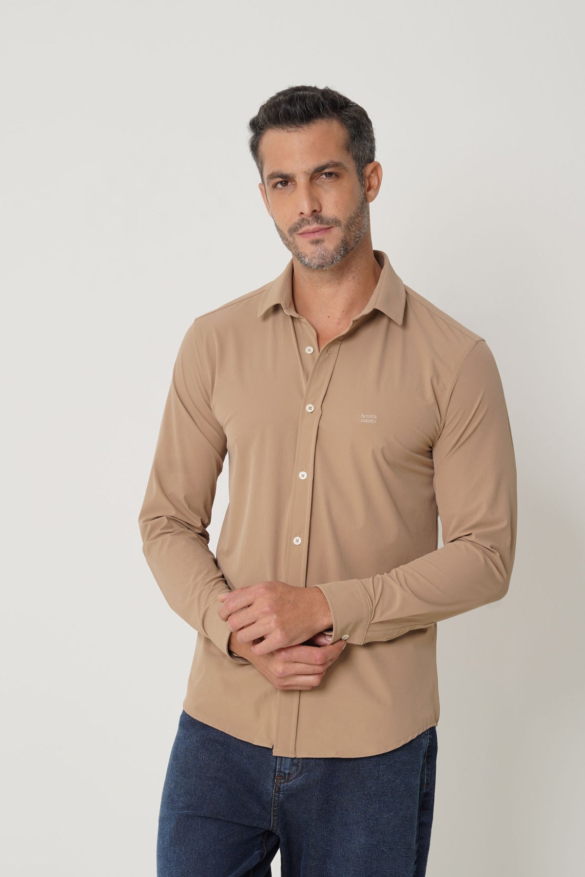 Camisa Slim Tech Manga Longa Masculina Acostamento Caqui