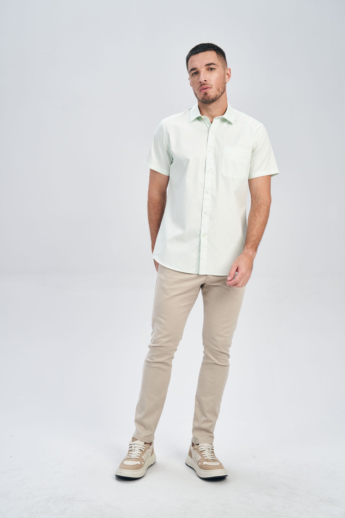 Camisa Manga Curta Cotton Masculina Acostamento Verde Acqua