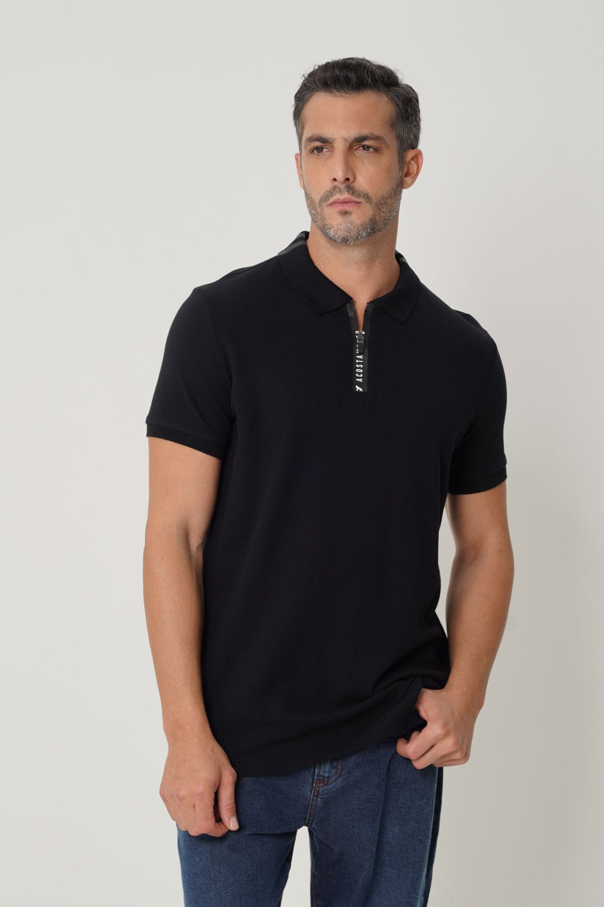 Polo Casual Gola Zíper Masculina Acostamento Preto