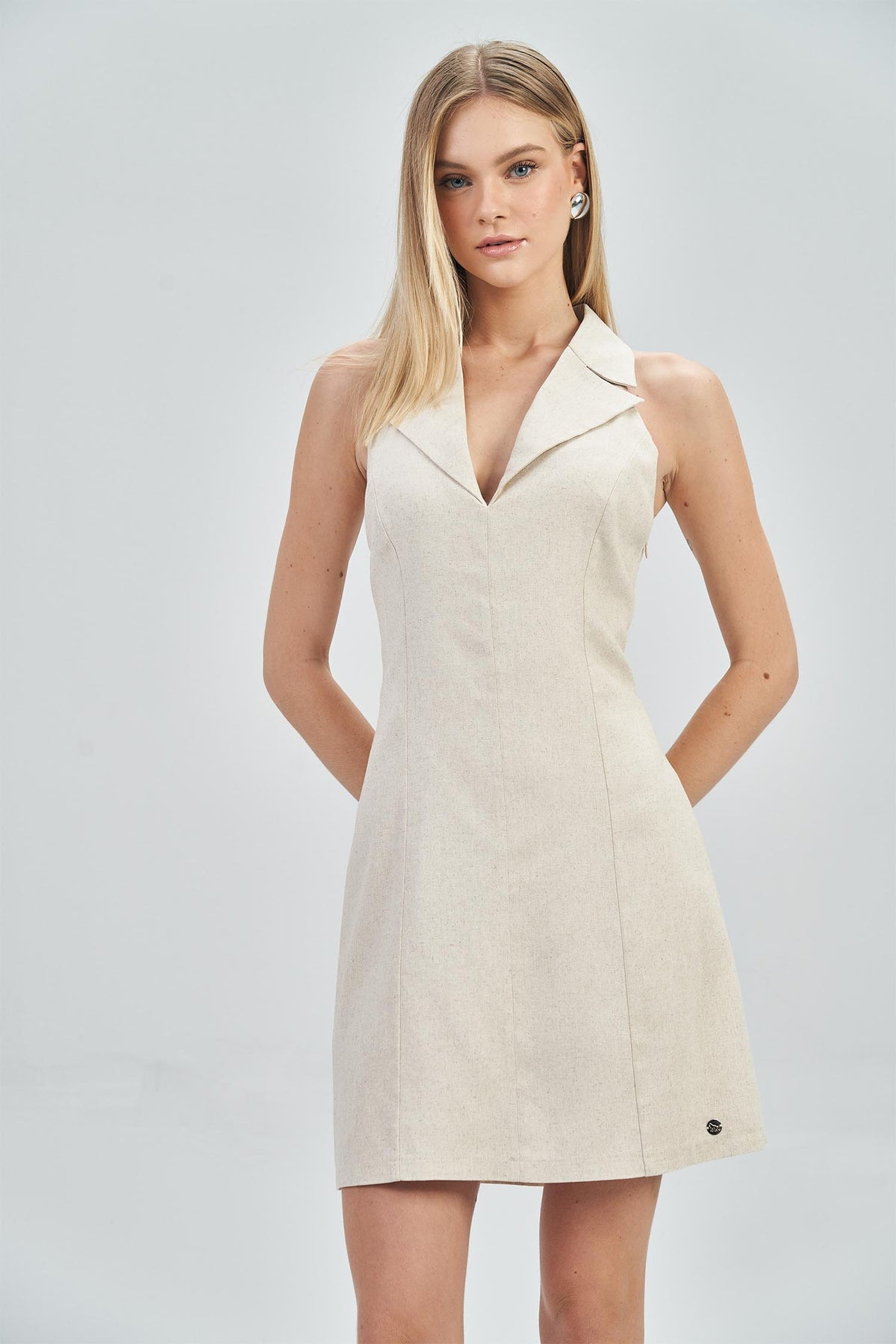 Vestido Curto Linho Lapela Feminino Acostamento Natural