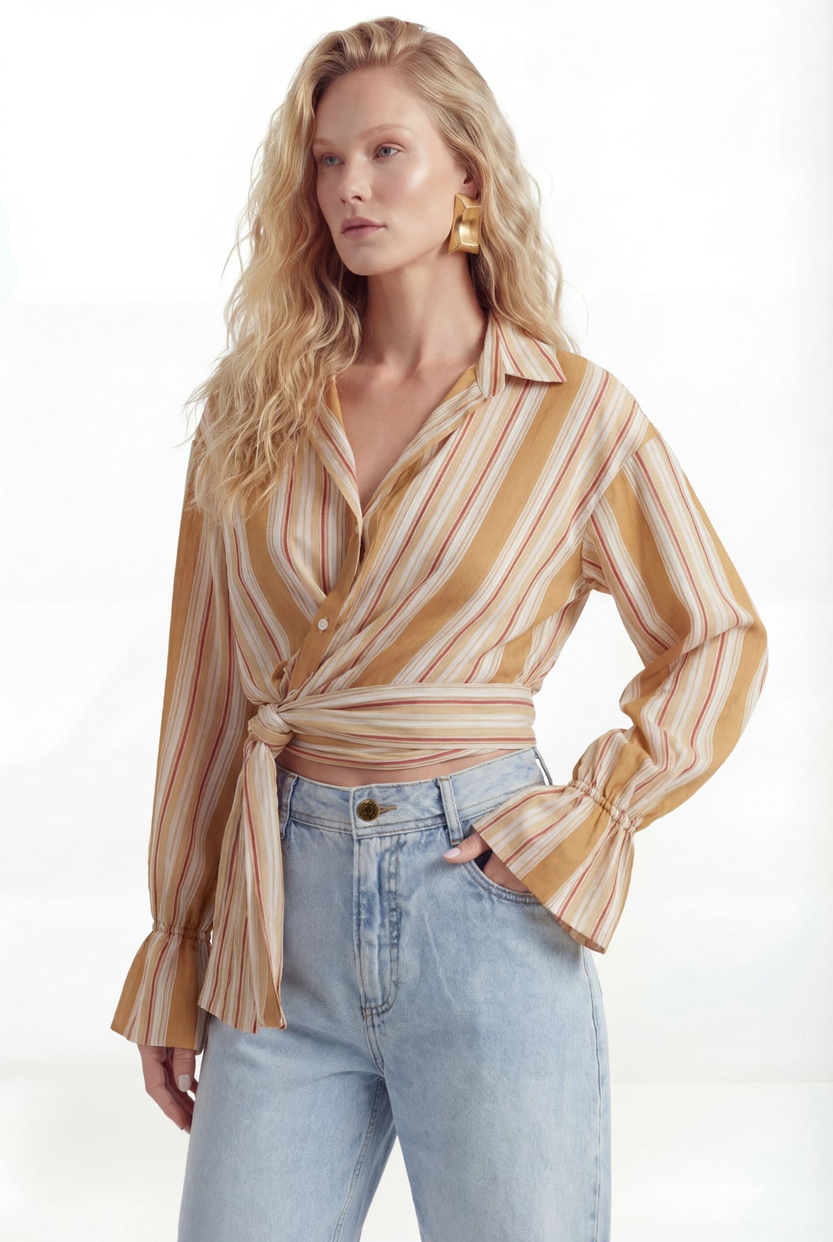 Camisa Com Amarração ACT Feminina Caramel Stripes