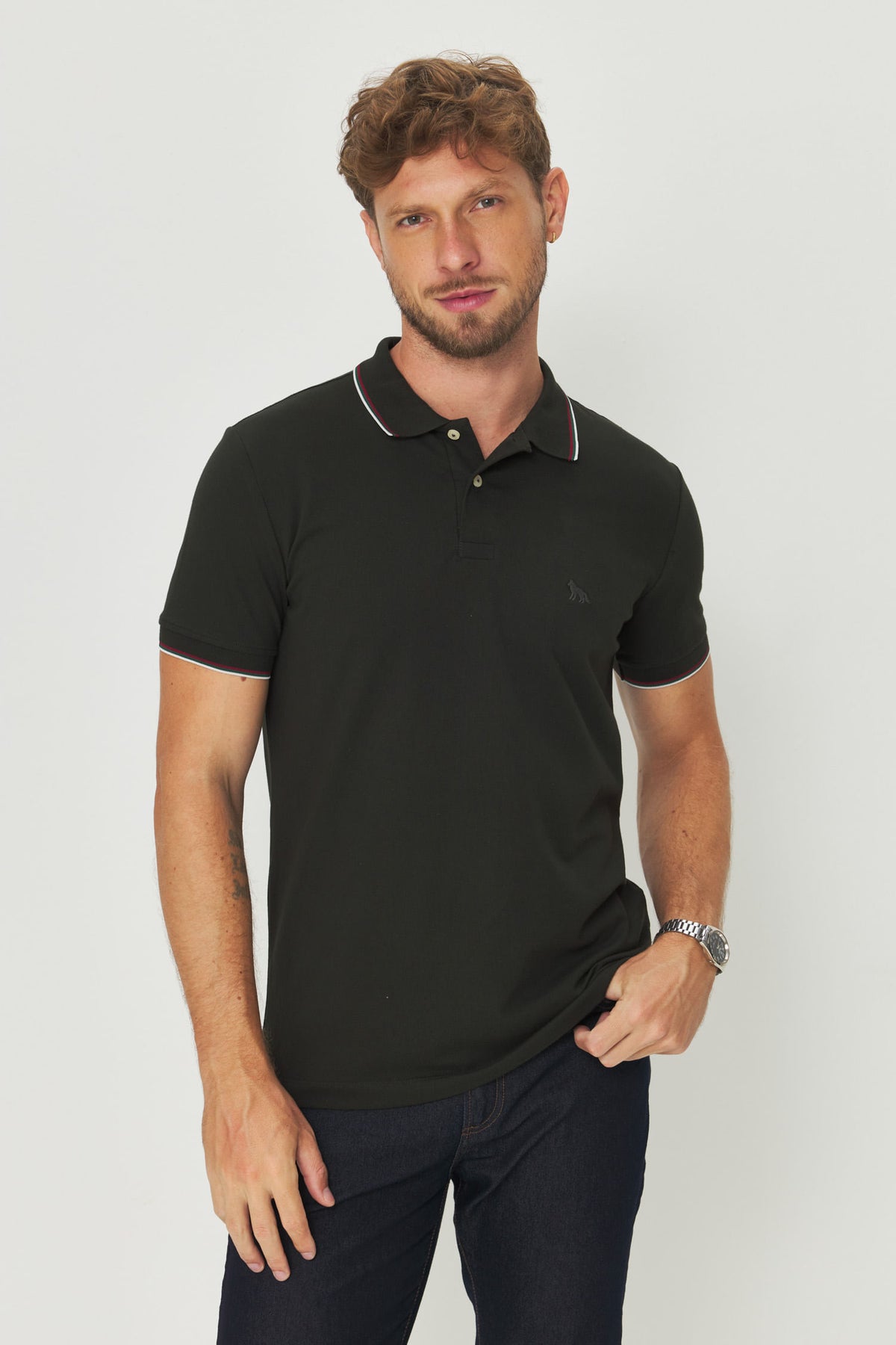 Polo Gola Contrastante Masculina Acostamento Verde Folhagem