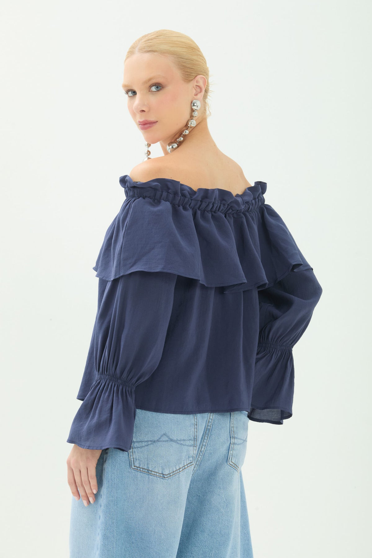 Blusa Ombro A Ombro Com Babados ACT Feminina Royal Blue
