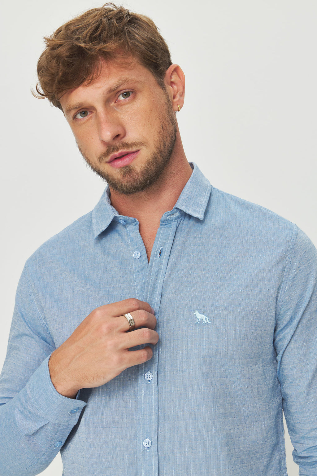 Camisa Leve Manga Longa Masculina Acostamento Azul Claro