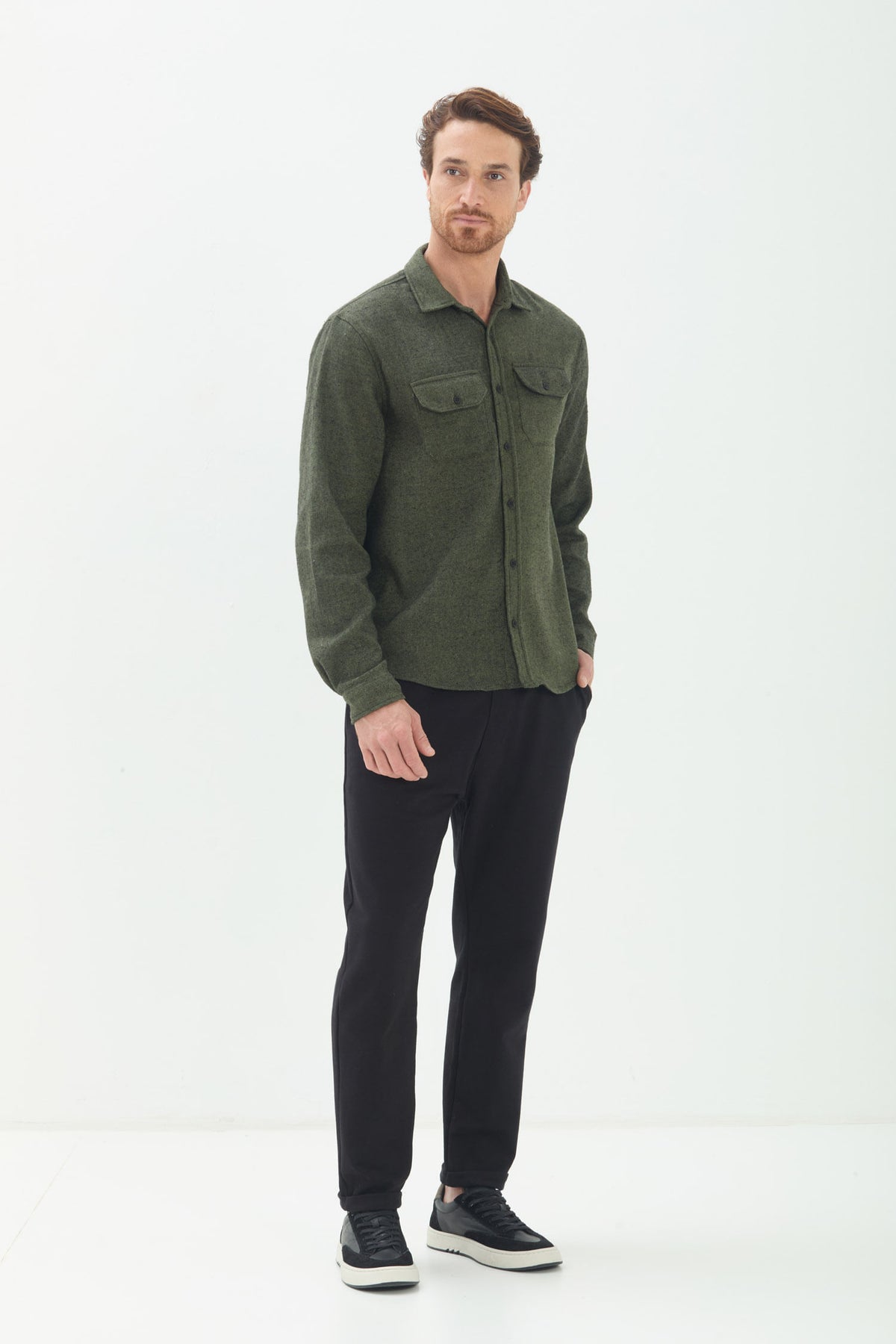 Camisa Manga Longa Casual Masculina Acostamento Verde Militar