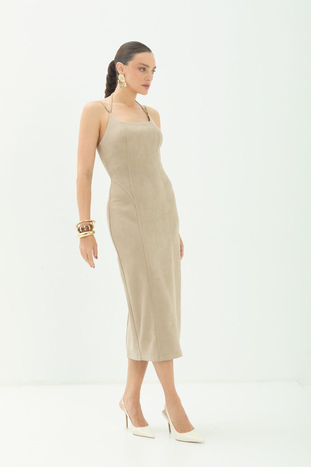 Vestido Midi Com Alças Finas ACT Feminino Sand