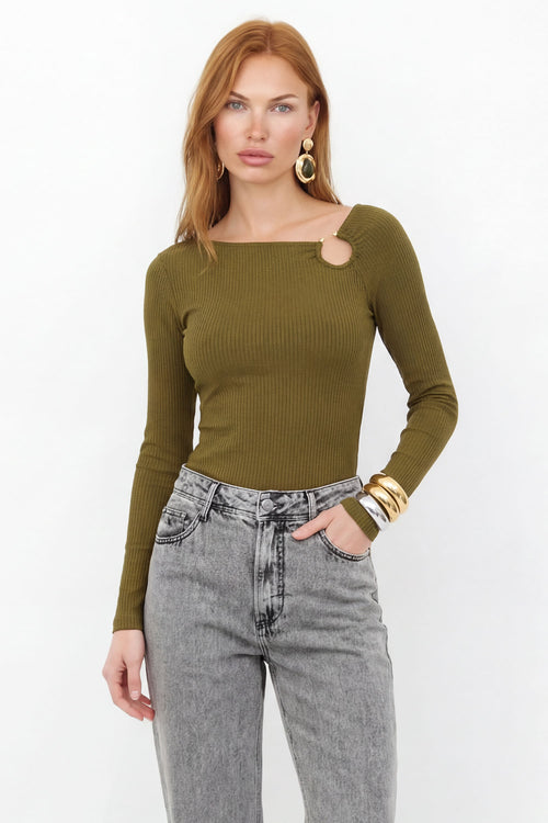 Blusa Canelada Com Detalhe Metálico ACT Feminina Golden Olive