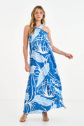 Vestido Longo Fluido Alça Faixa ACT Feminino Maxi Garden Azul