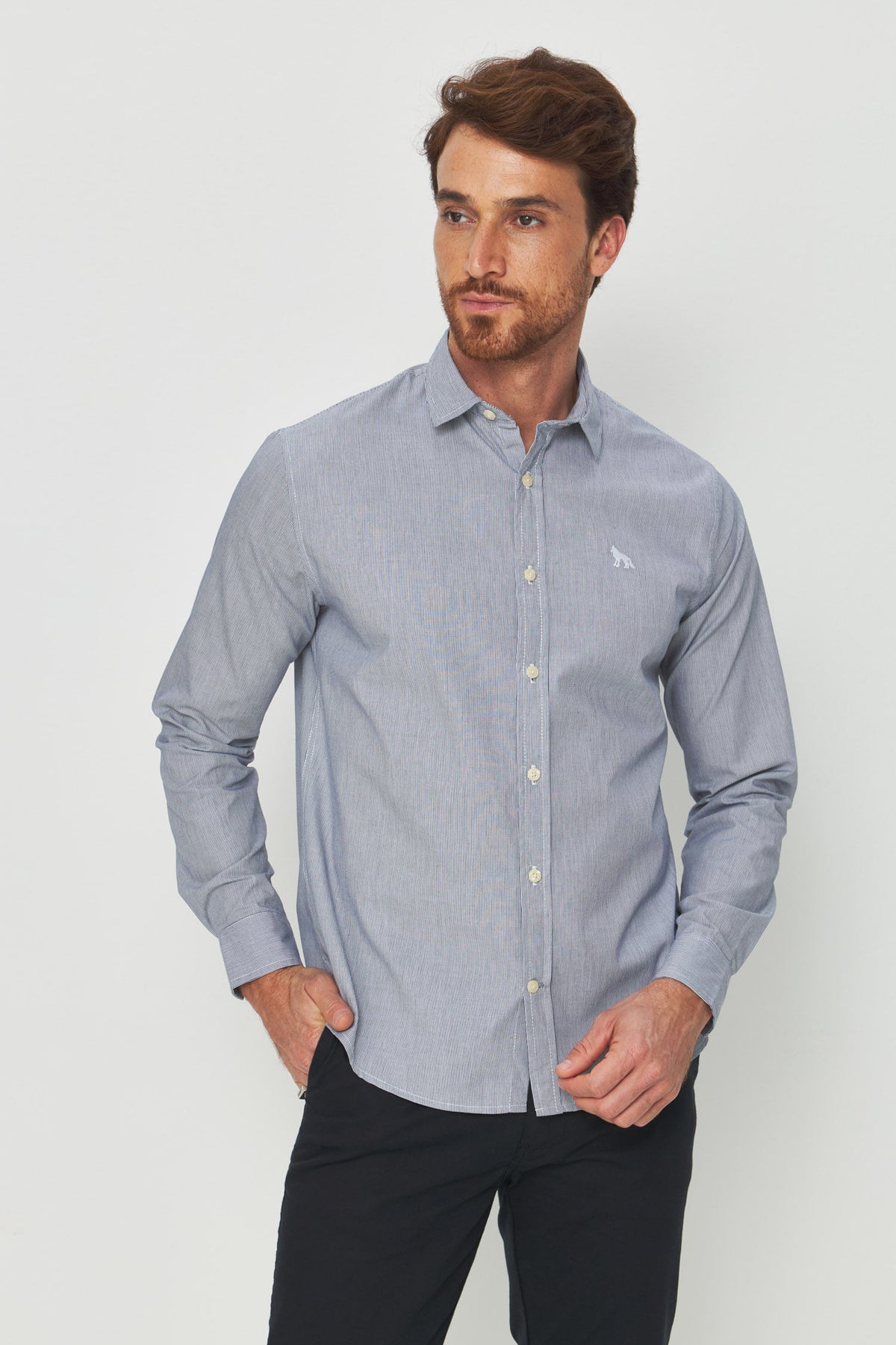 Camisa Manga Longa Listrada Masculina Acostamento Micro Listra Marinho C/ Branco