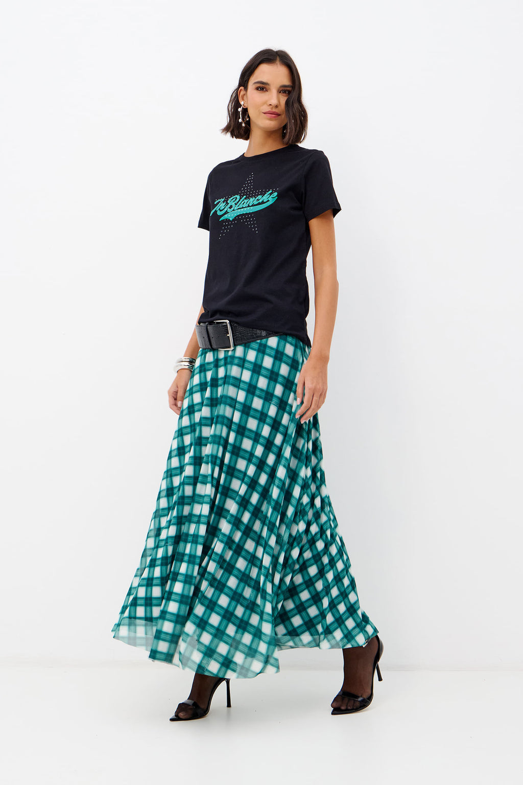 Saia Tule Franzida Feminina Inblanche Emerald Check