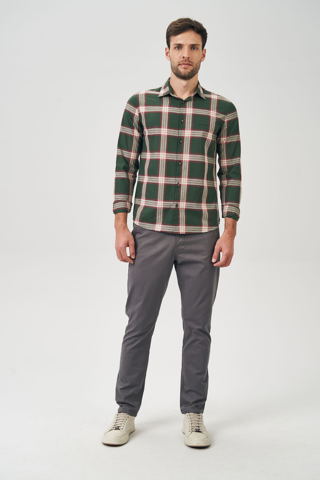 Camisa Manga Longa Trio Masculina Acostamento Xadrez Verde C/ Off White E Vinho