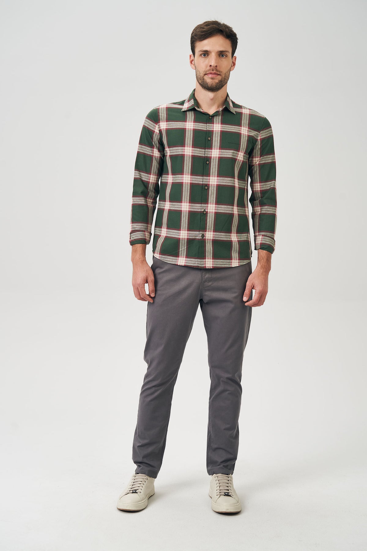 Camisa Manga Longa Trio Masculina Acostamento Xadrez Verde C/ Off White E Vinho