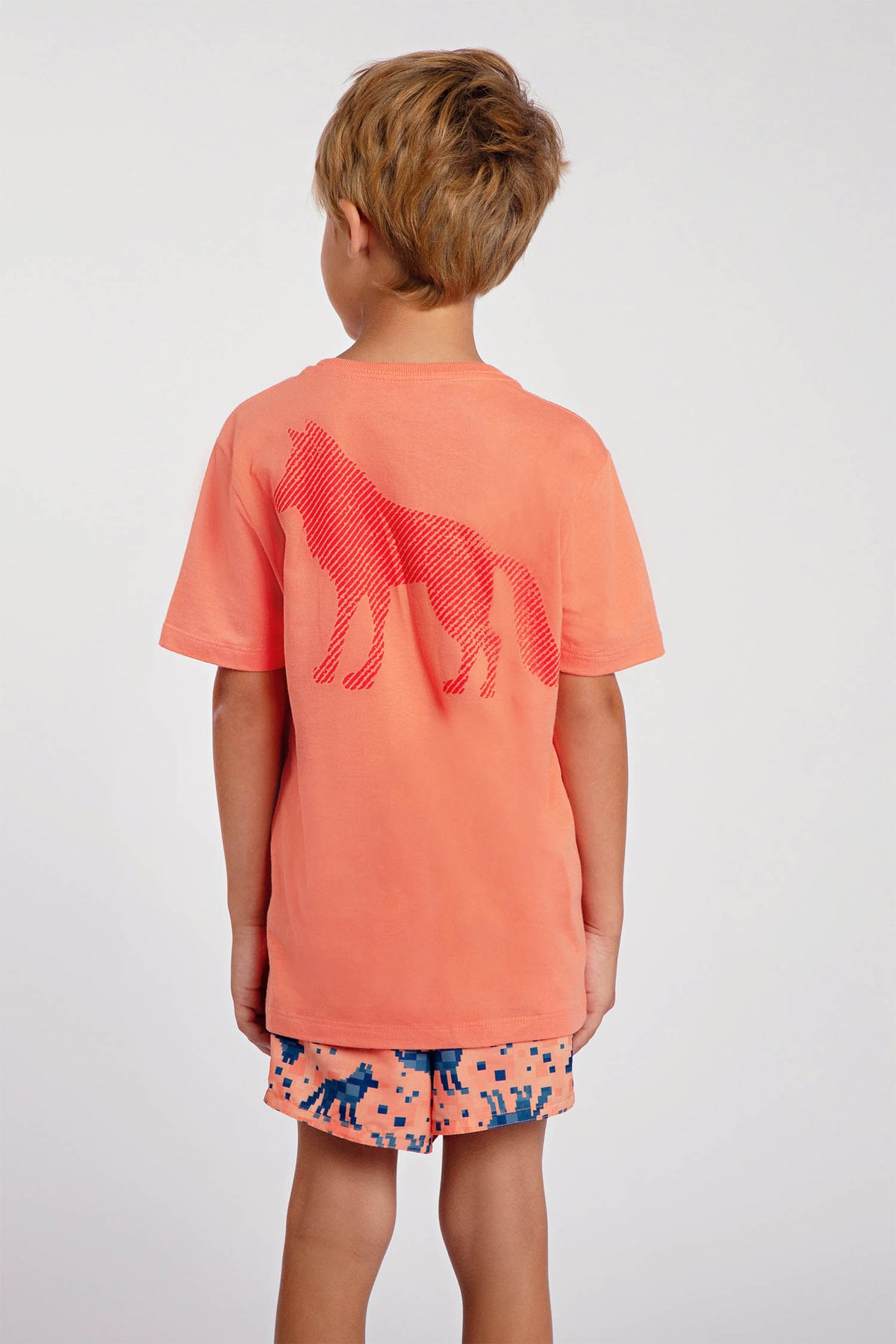 Camiseta Lobo Linhas Menino Acostamento Kids Coral