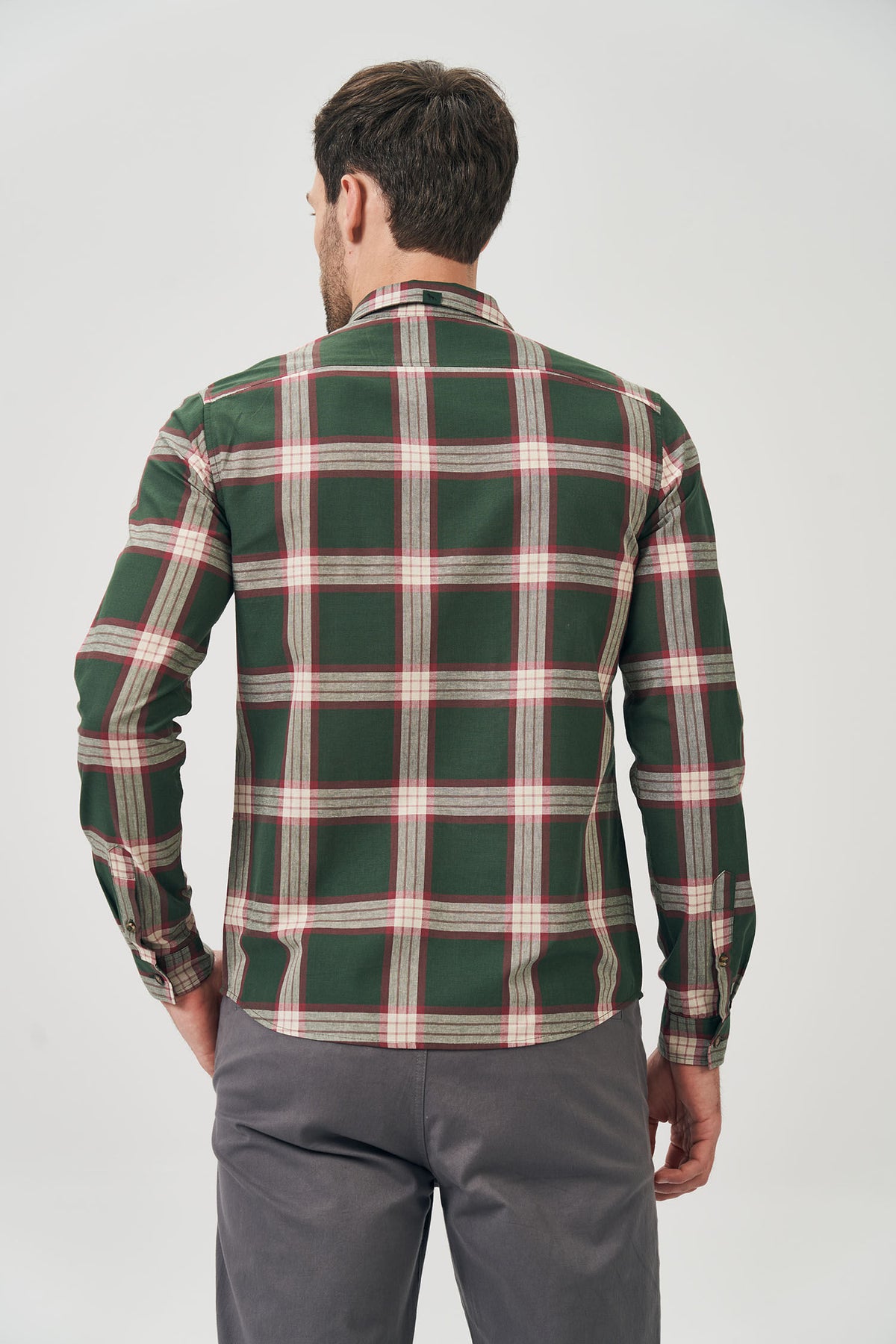 Camisa Manga Longa Trio Masculina Acostamento Xadrez Verde C/ Off White E Vinho