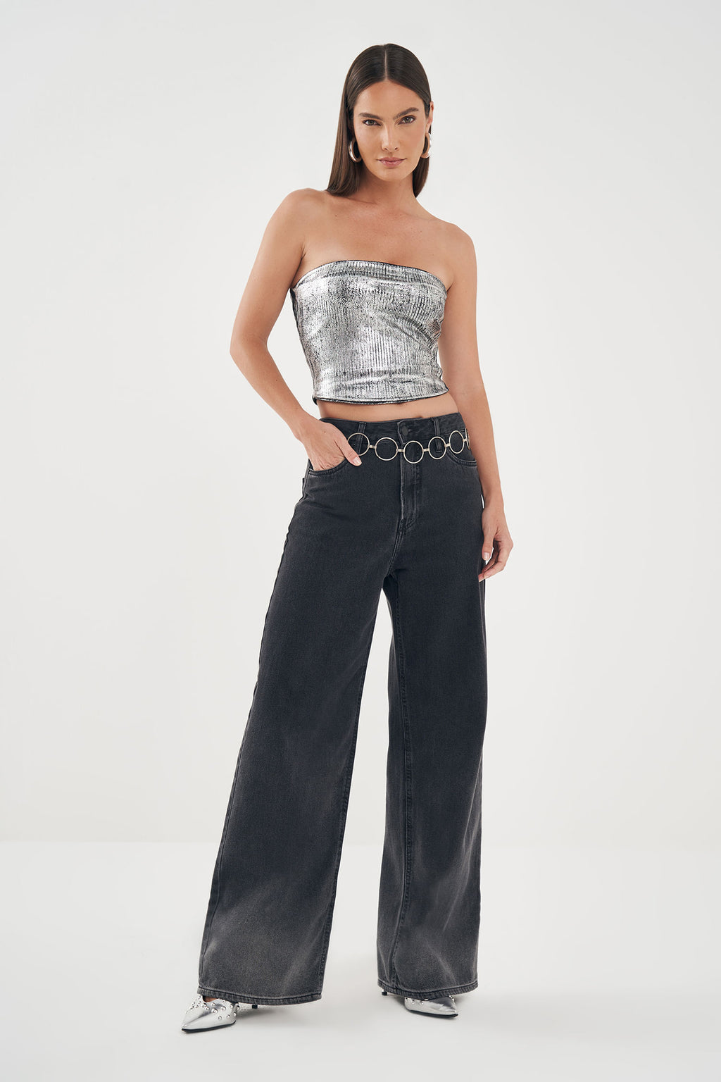 Blusa Glamour Foil Sem Alça Feminina Inblanche Preto