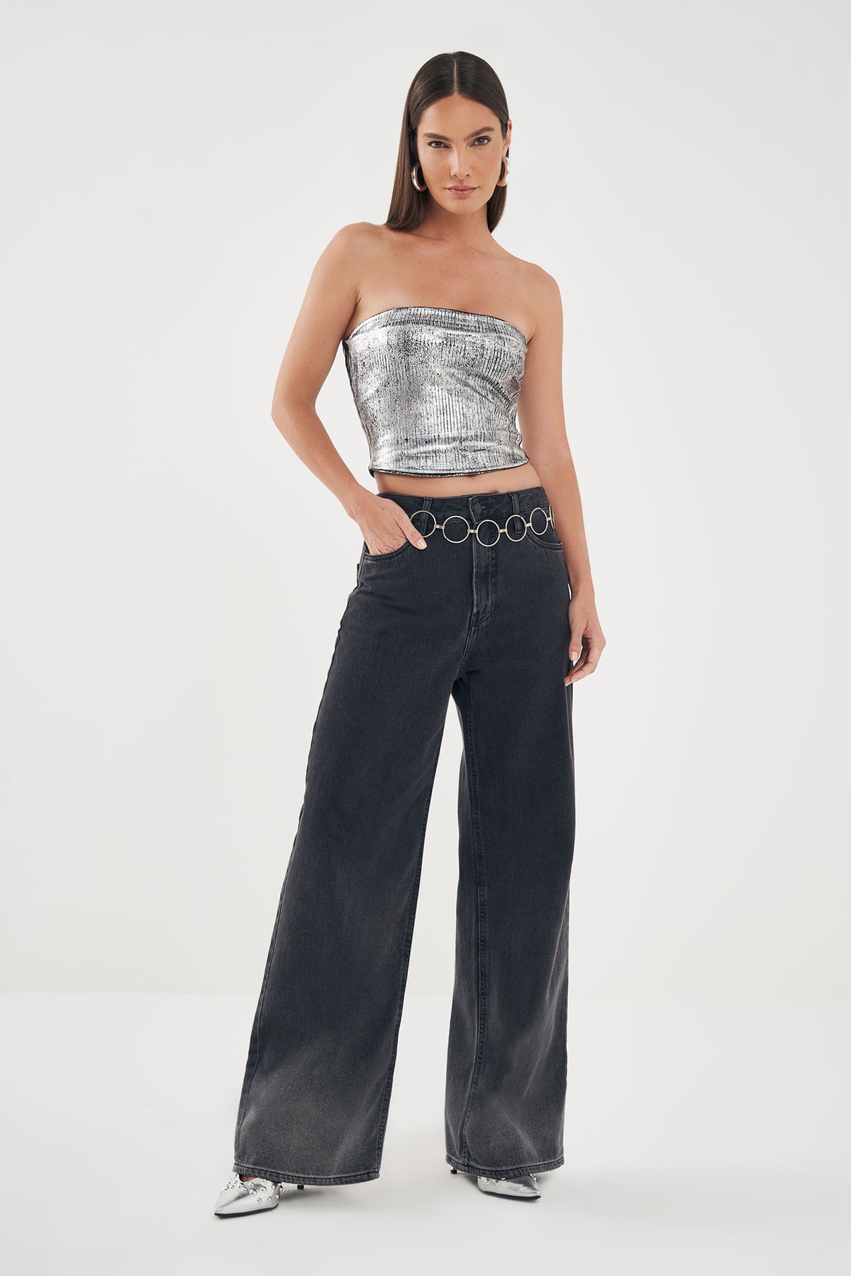 Blusa Glamour Foil Sem Alça Feminina Inblanche Preto