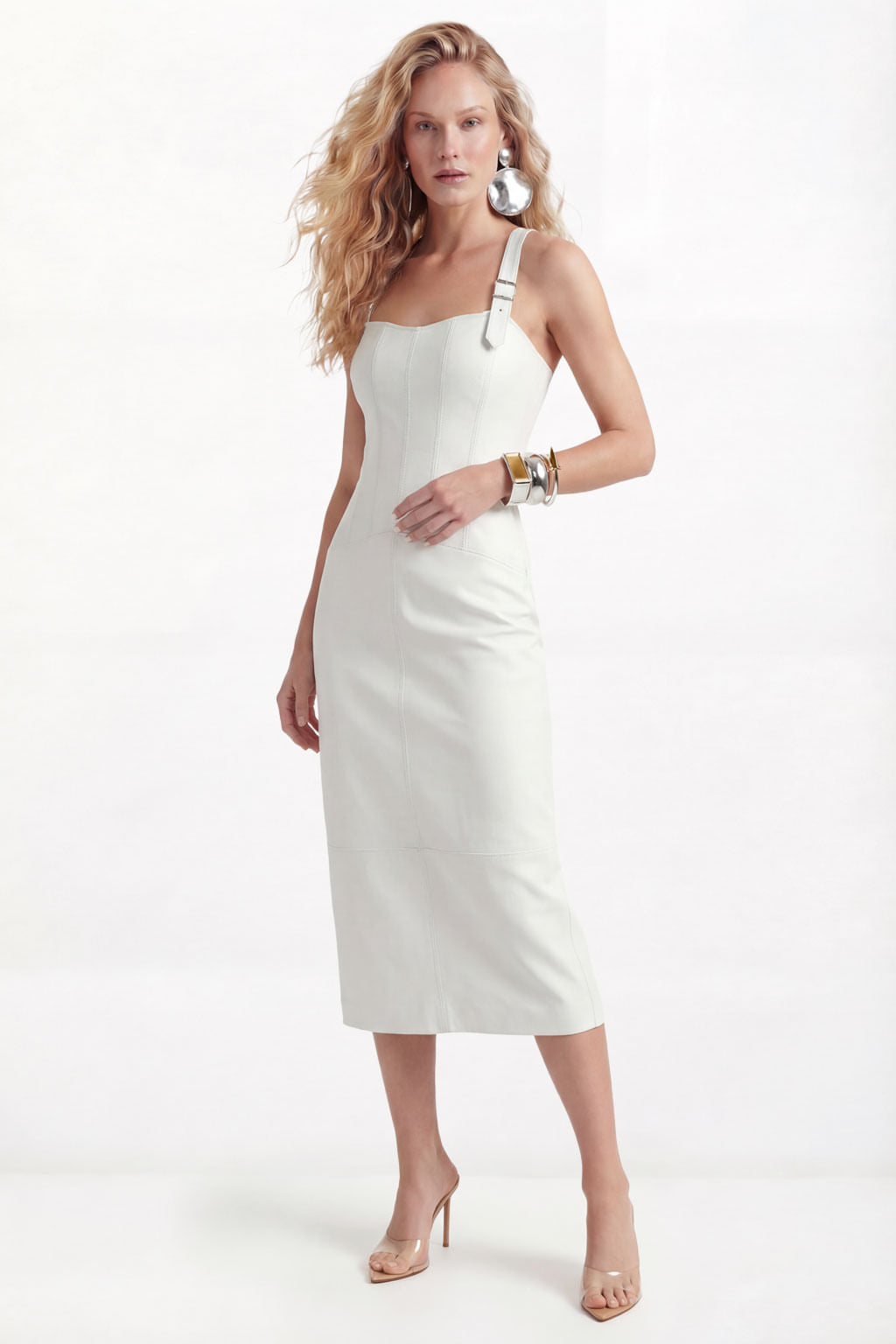 Vestido PU Midi Frente Única Com Fivela ACT Feminino Off White