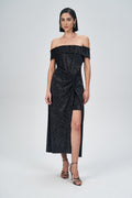 Vestido Decote Ombro A Ombro Feminino Acostamento Preto C/ Silver