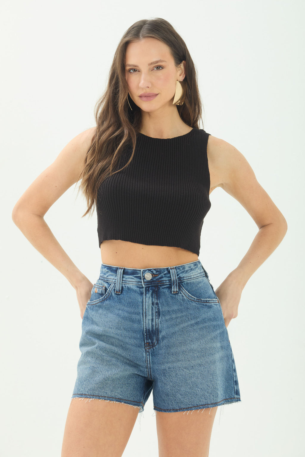 Shorts Jeans Cintura Alta ACT Feminino Jeans Escuro