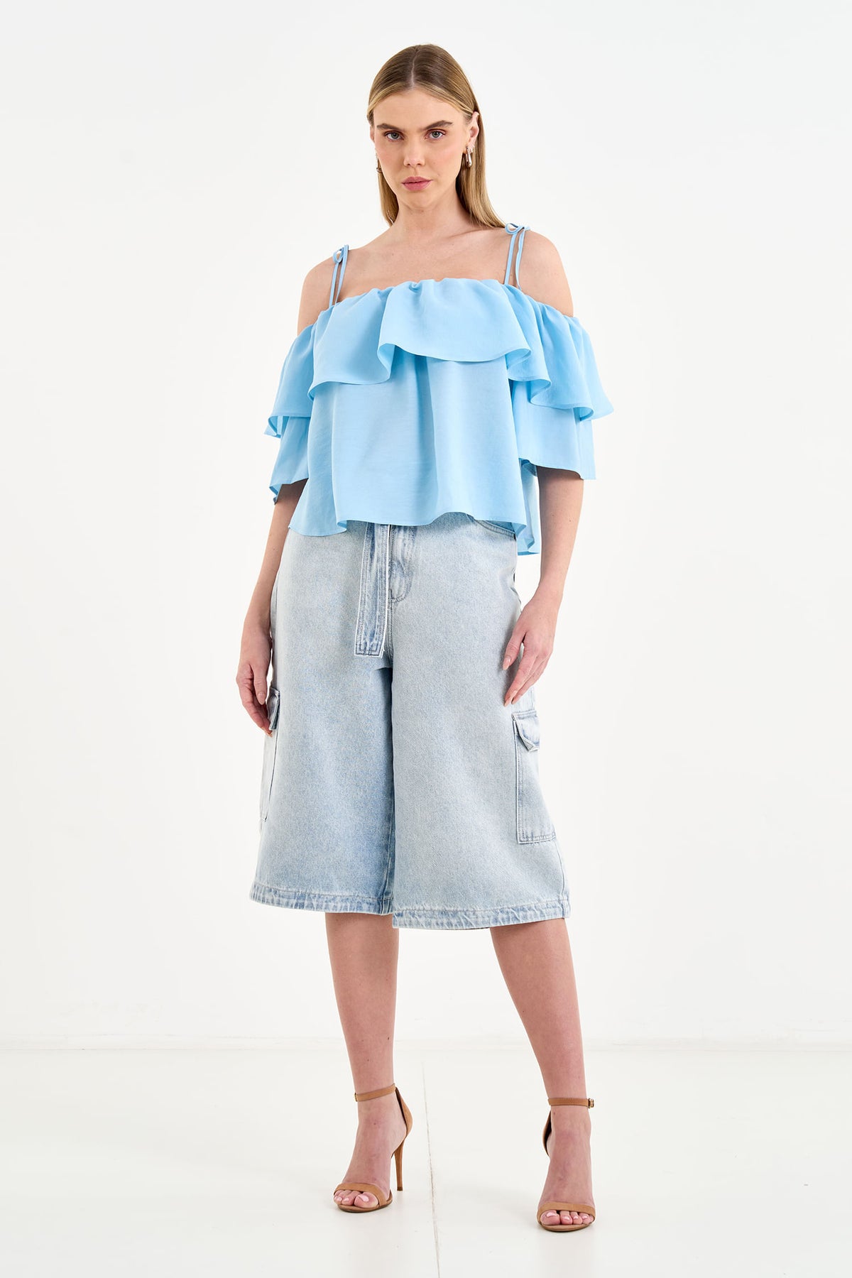 Blusa Fluida Ombro a Ombro com Babado ACT Feminino Clear Blue