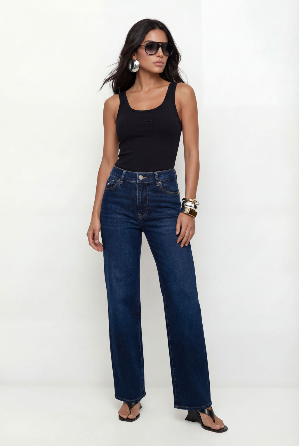 Calça Jeans Relaxed Cintura Média ACT Feminina Jeans Escuro