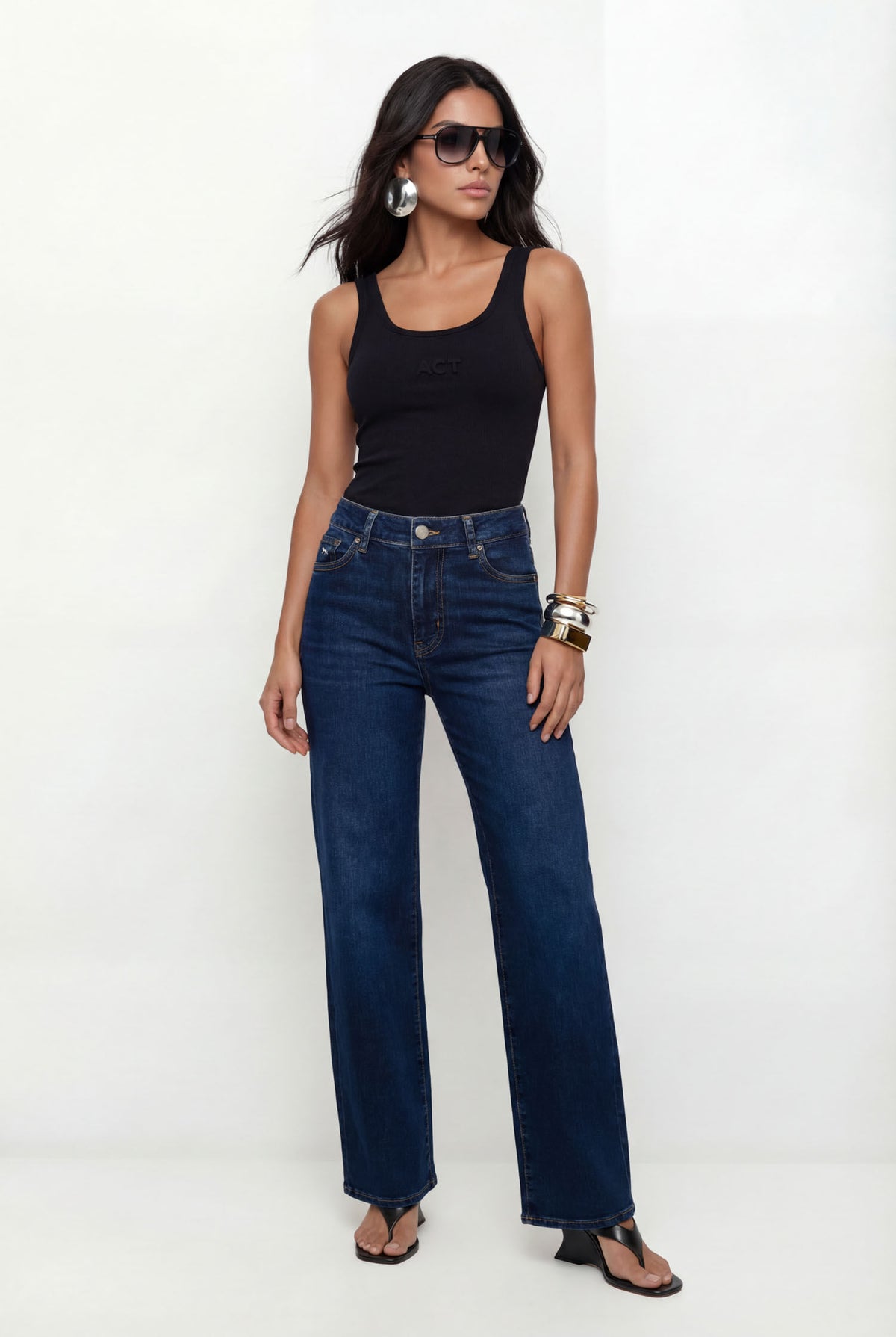 Calça Jeans Relaxed Cintura Média ACT Feminina Jeans Escuro