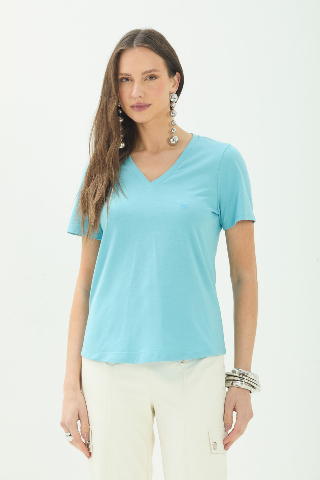 T-Shirt Básica Gola V ACT Feminina Misty Blue