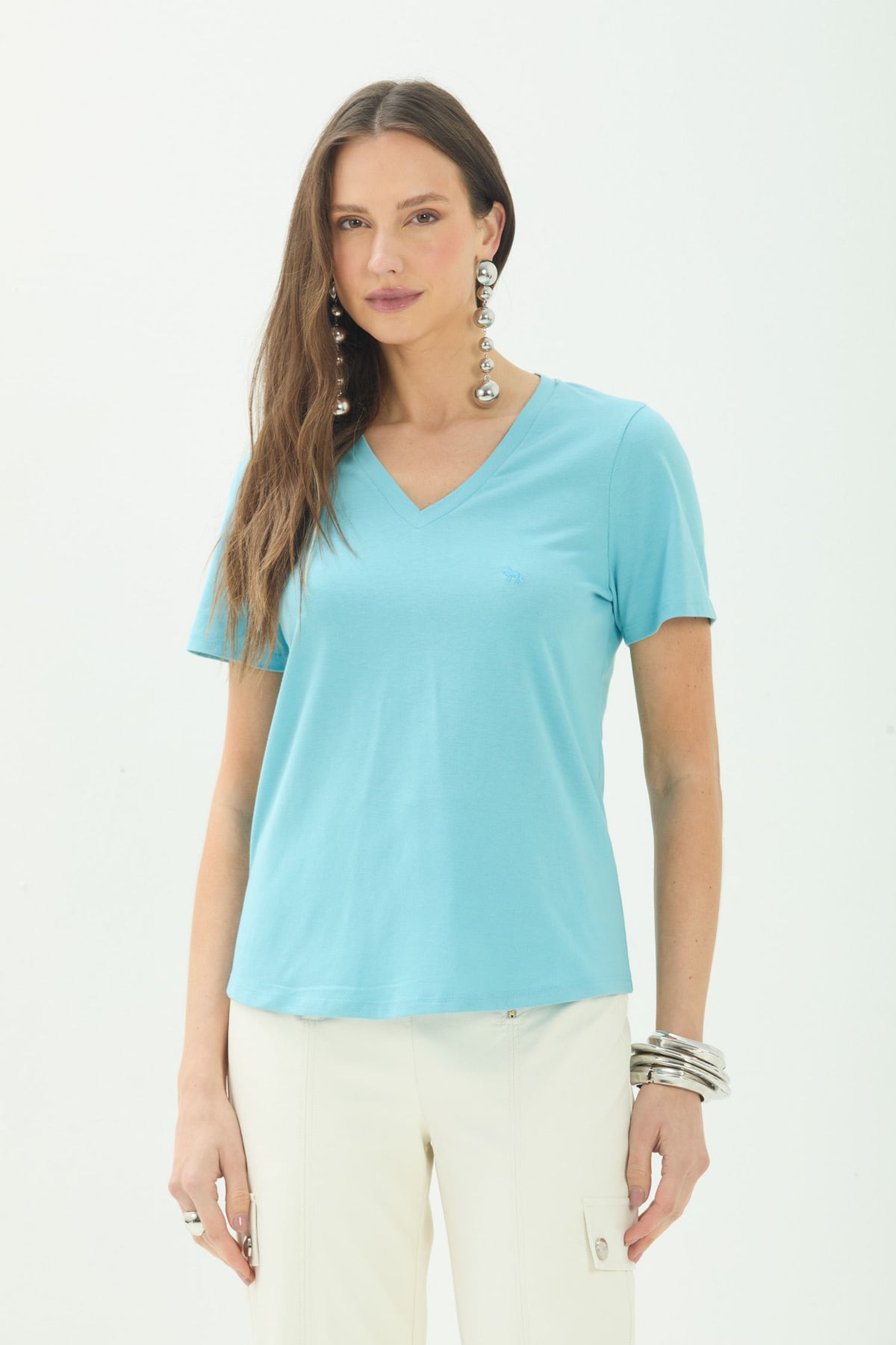 T-Shirt Básica Gola V ACT Feminina Misty Blue