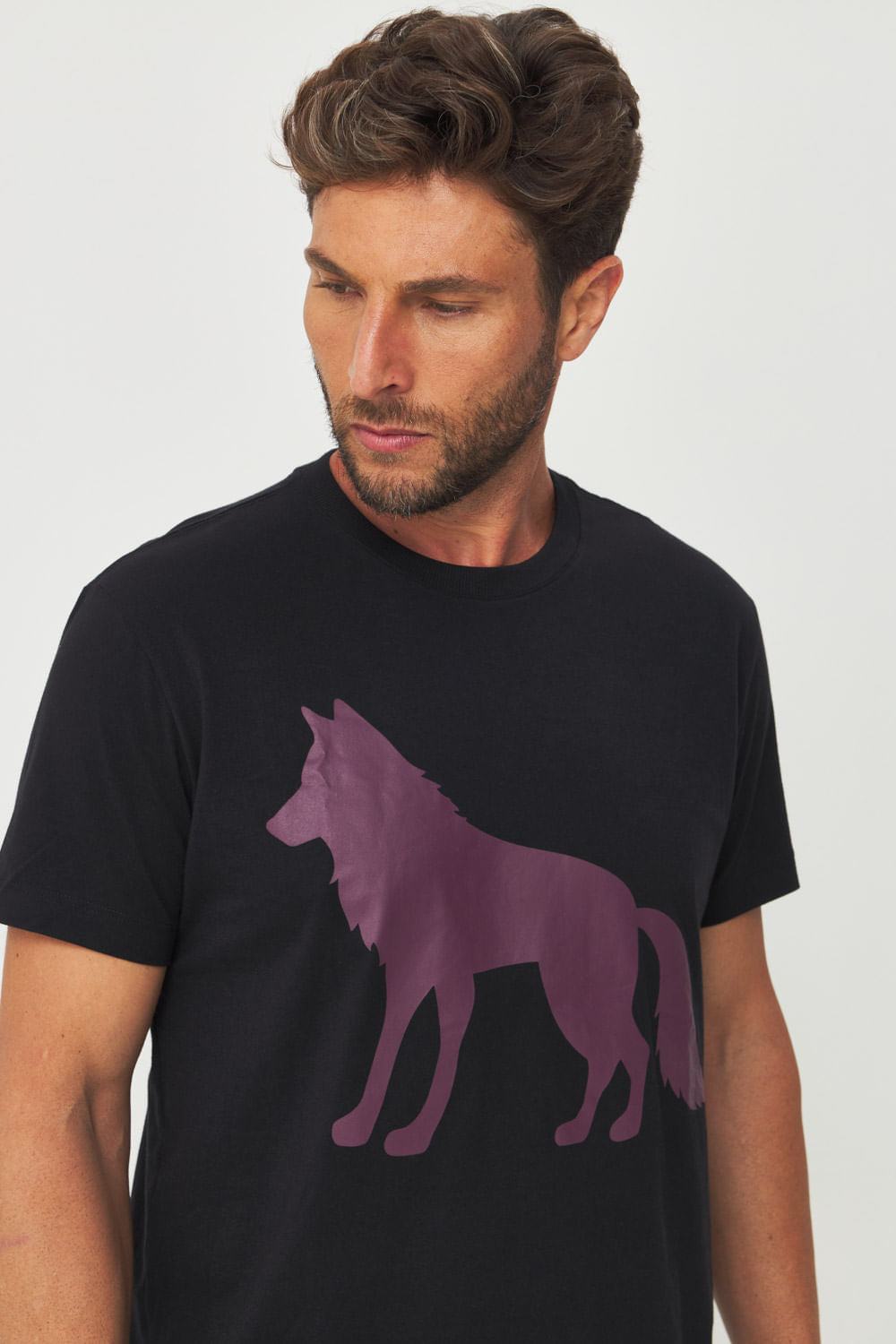 Camiseta Estampa Lobo Frontal Masculino Acostamento Preto C/ Estp Bordo